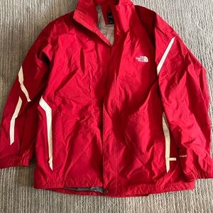 The North Face Shell Red Jacket with White Accent Stripes with detachable hood